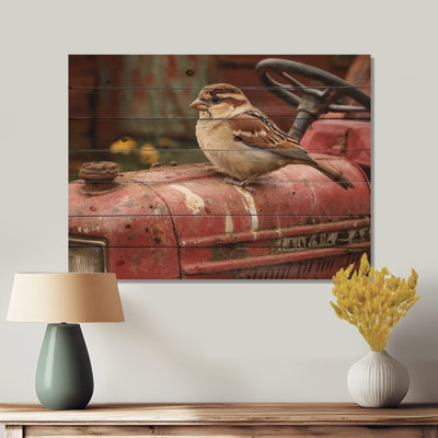 Sparrow Bird On The Tractor II - Bird Wood Wall Art - On Natural Pine Wood