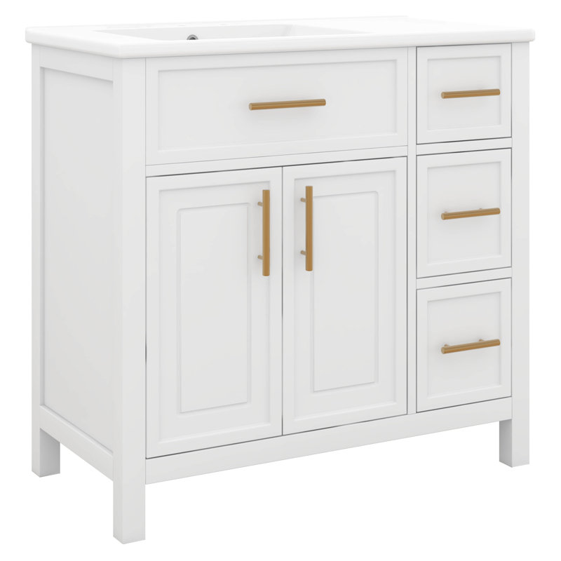 36 Inch Bathroom Vanity With Sink, Modern Bathroom Vanity With Two Doors & 3 Drawers, Freestanding Bathroom Storage Cabinet