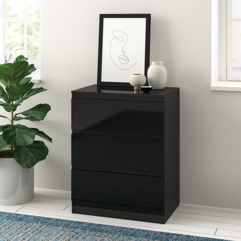 Carlton 3 Drawer Chest Of Drawers: 60cm Wide. High Gloss Front. Scratch Resistant. Modern No Handle Design., Black