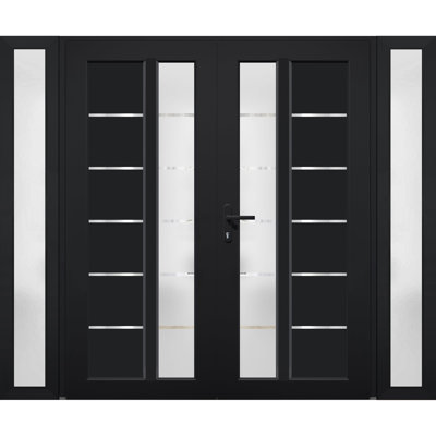 Front Exterior Prehung uPVC Metal-Plastic Double Doors MANUX 8088 Matte Black 2 Sidelites Exterior Windows Office Commercial and Residential Doors Entrance Patio Garage 96 x 80 (W12+72+12 x H80) Right hand Inswing