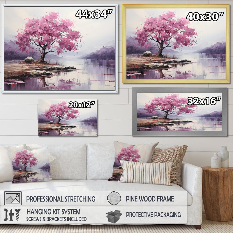 Fleur de cerisier mauve au bord du lac II - Art mural cerisier en fleurs, Cadre doré à coins fermés