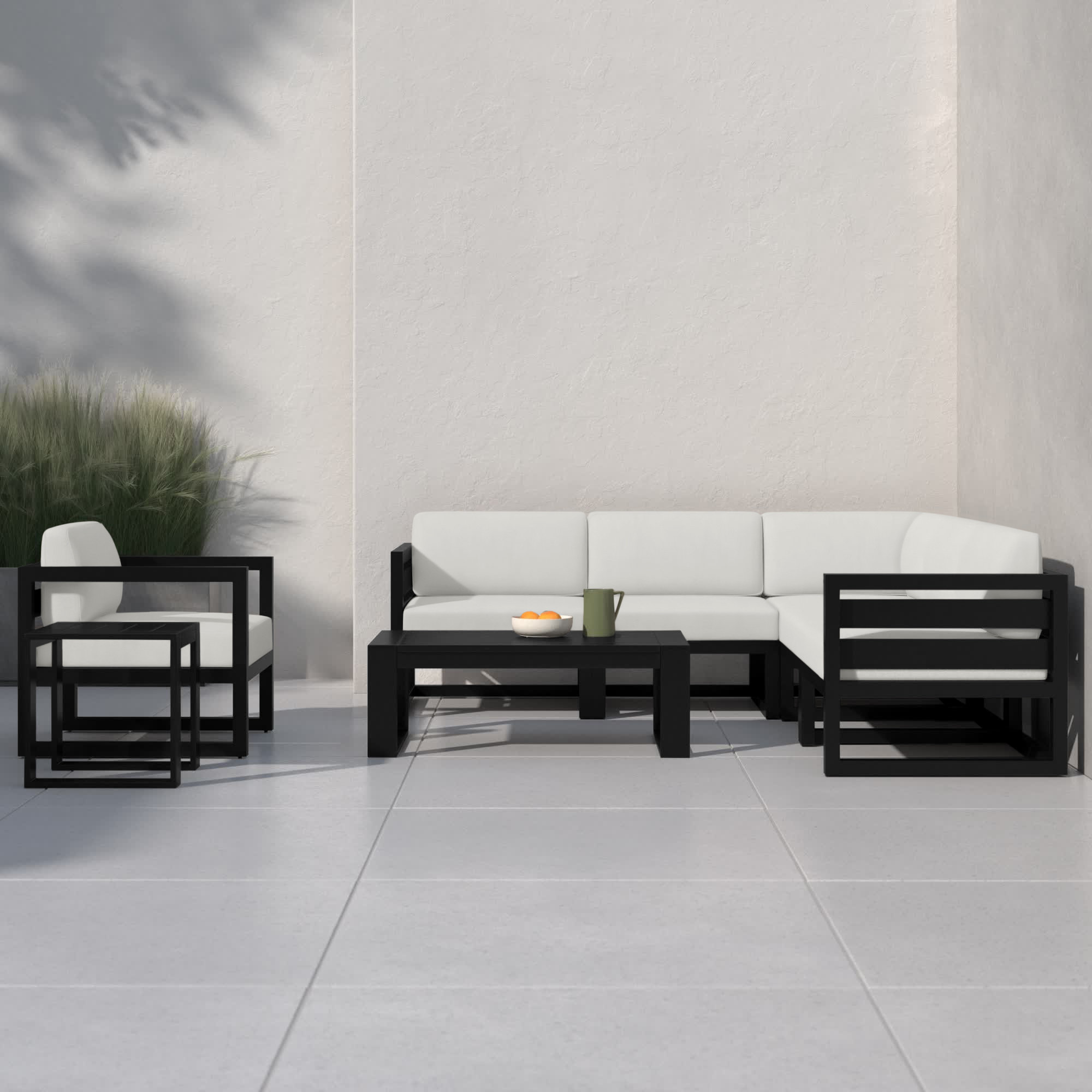 Smith 4 Piece Sectional Seating Group with Sunbrella® Cushions, Black, Canvas Natural