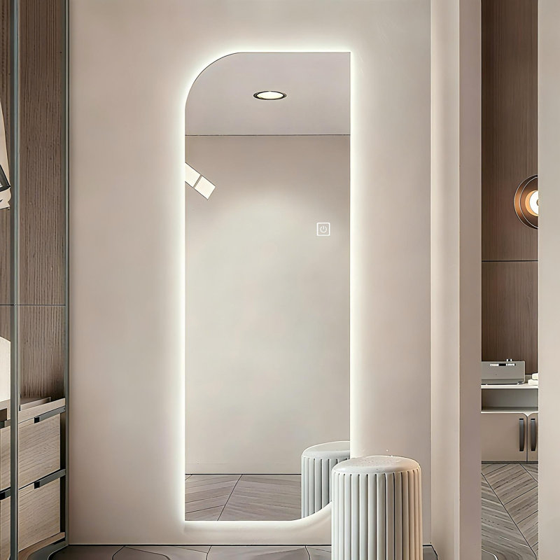 Miroir mural pleine longueur 65 po x 21 po à DEL, de forme irrégulière, 3 lumières à intensité variable, verre argenté sans cuivre de 5 mm, câblé ou à brancher, pour vestibule, chambre à coucher et salon