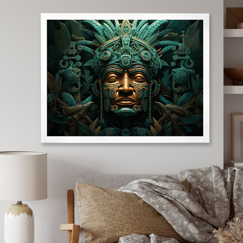 Maya Magic Aztec Mask I - Art mural mexicain, H 12 po x l 20 po x P 1 po, Cadre simple blanc