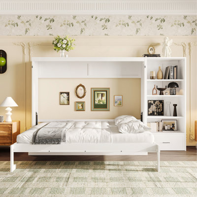Grand lit escamotable avec compartiments de rangement à hauteur réglable et tablette, cadre de lit mural avec 1 tiroir, lit plateforme pliable multifonctionnel pour petit espace, chambre à coucher, chambre d'amis