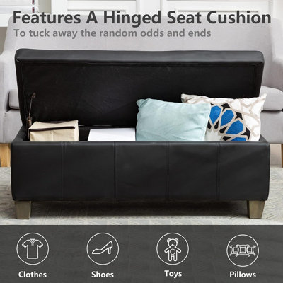 Black Synthetic Leather Storage Ottoman Bench with Safety Hinge, Reinforced Wooden X-Frame, Solid Wood Legs, and 500 lb Weight Capacity