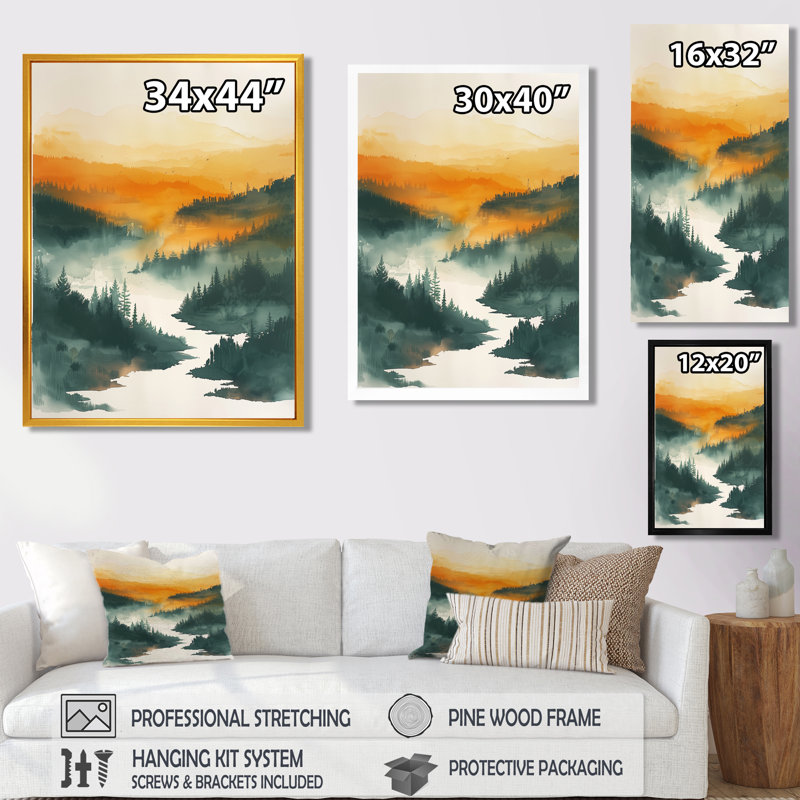 Orange vert forêt sauvage au coucher du soleil IV - forêt, art mural salon, Cadre argenté flottant, bois massif