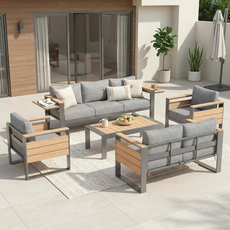 Aluminum Patio Furniture Set, 7-Person Outdoor Sectional Sofa With Coffee Table, Patio Conversation Sets With 5" Thick Cushion & Wide Armrest For Yard, Deck