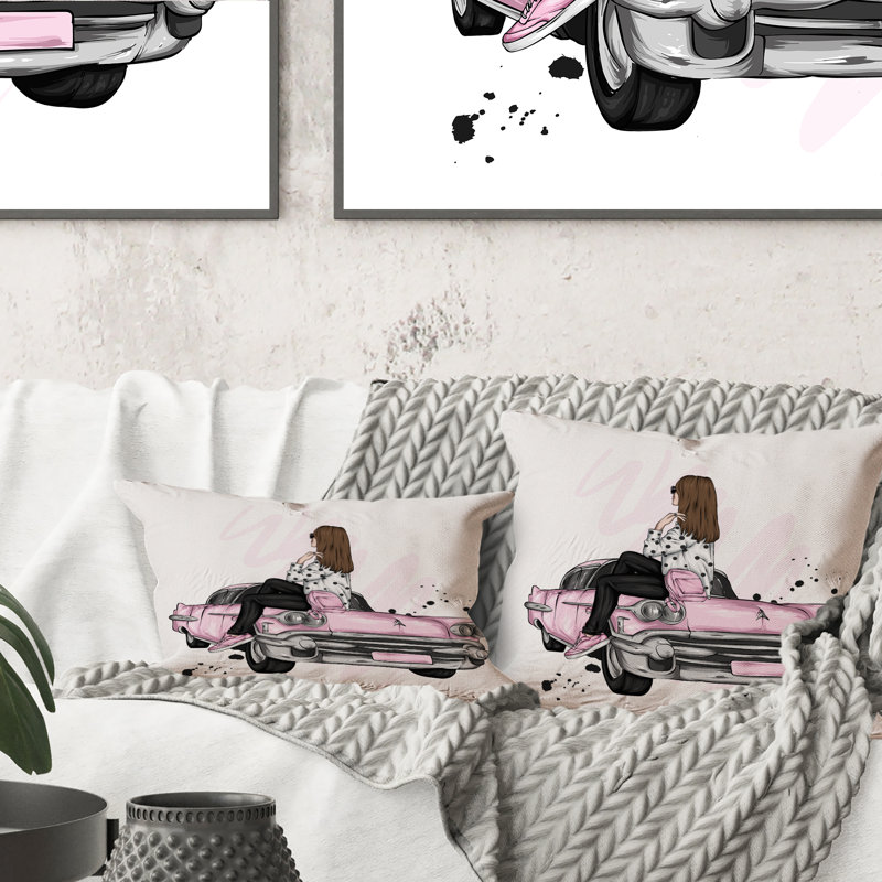 Young Woman On A Retro Car II - Modern Printed Throw Pillow, 16"x16"