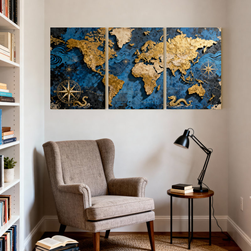 Ensemble de 3 impressions sur toile, carte du monde nautique et plage avec dragon et boussole, H 30 po x l 60 po