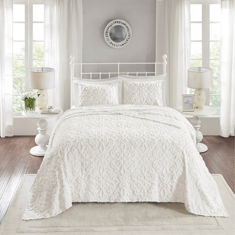 Ensemble de couvre-lit 3 pièces en chenille de coton touffeté blanc cassé / grand et léger pour une utilisation toute l'année