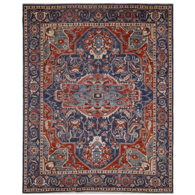 Tapis rouge et bleu marine noué à la main de haute qualité