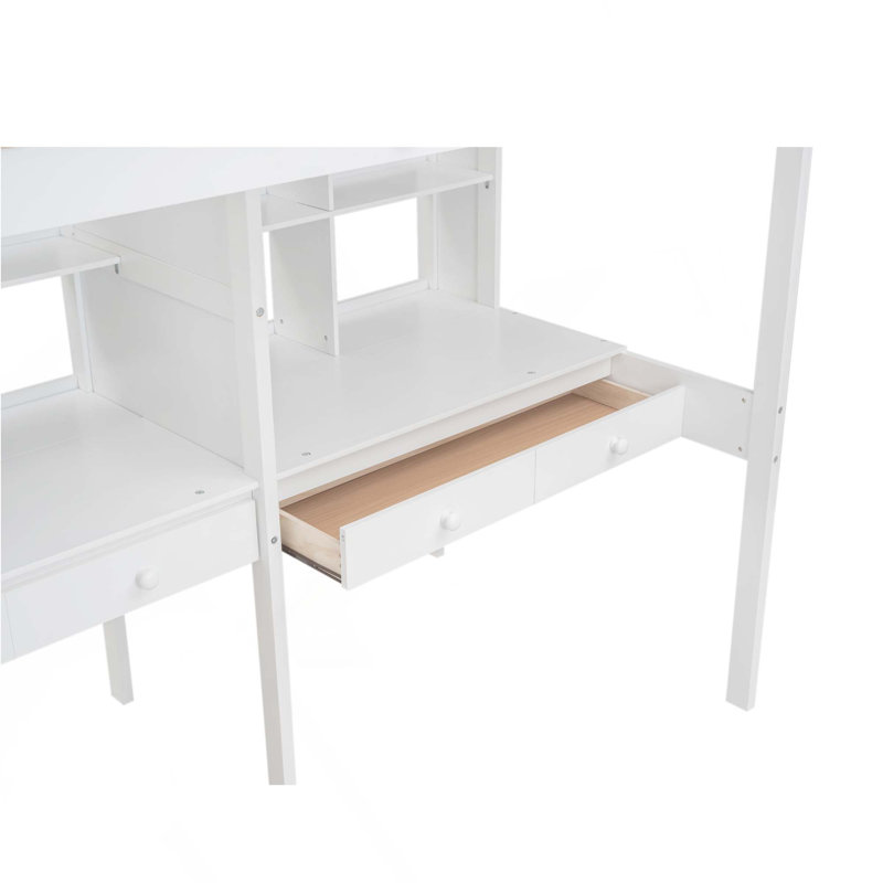 Structure de lit mezzanine avec escalier de rangement, double bureau et tablettes, Blanc