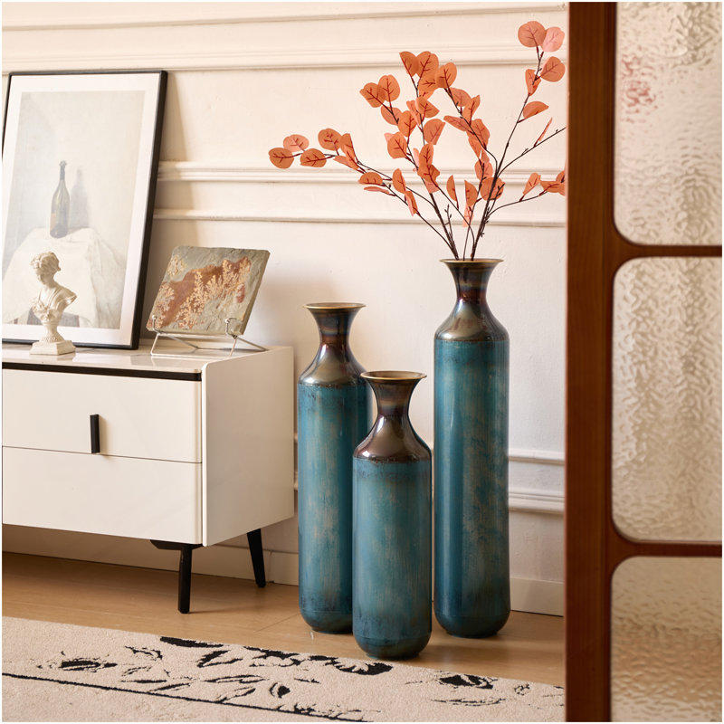 Ensemble de 3 vases en métal au feu de torche, grands vases de plancher à finition brûlée bleue pour décoration intérieure