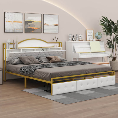 Jaydyn King Size Metal Platform Bed With 3 drawers, Storage Headboard -  Everly Quinn, 3AE2CCEB719D4B4499E45C08D6EC0E18