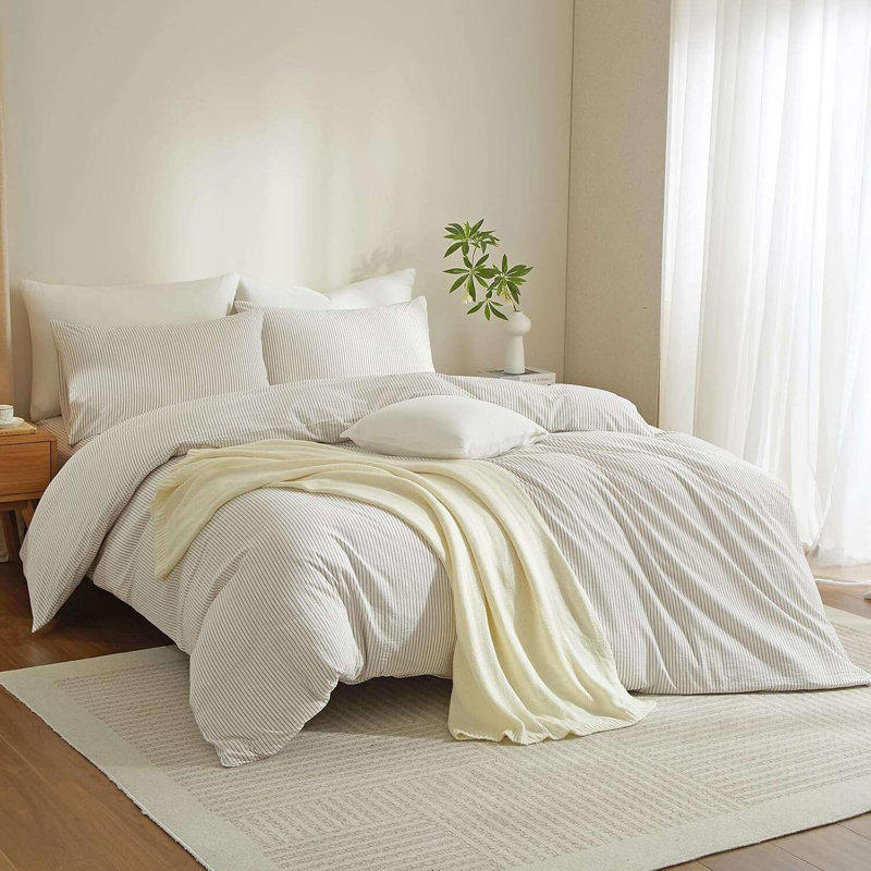 Ensemble de housse de couette XINMIANFANG, White/Light Brown, Housse de couette double + 2 taies d'oreiller stan