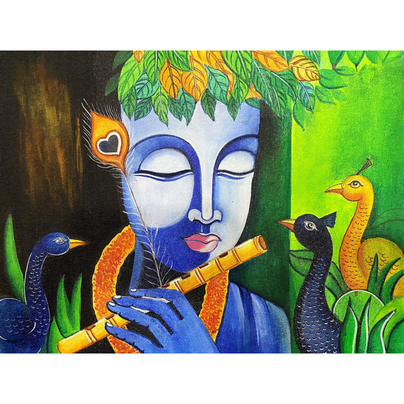 Krishna jouant de la flûte avec des paons, peinture de Yogyata Gadia