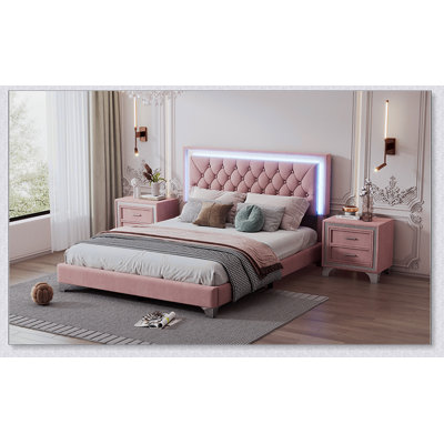 Upholstered Bed Frame With LED Lights,Modern Velvet Platform Bed With Crystal Tufted Headboard by Ivy Bronx