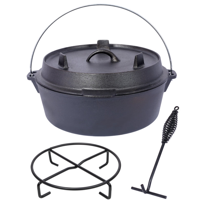 Casserole pré-assaisonnée en fonte avec couvercle pour poêle de camping en fer noir 6 pintes