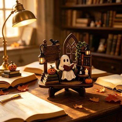 Décoration d'Halloween : Figurine de fantôme en bois pour table, représentant un fantôme de bibliothécaire lisant. Décoration sombre, ornement en bois pour étagère à livres, scène de bibliothèque, décoration de bureau, fantôme effrayant.