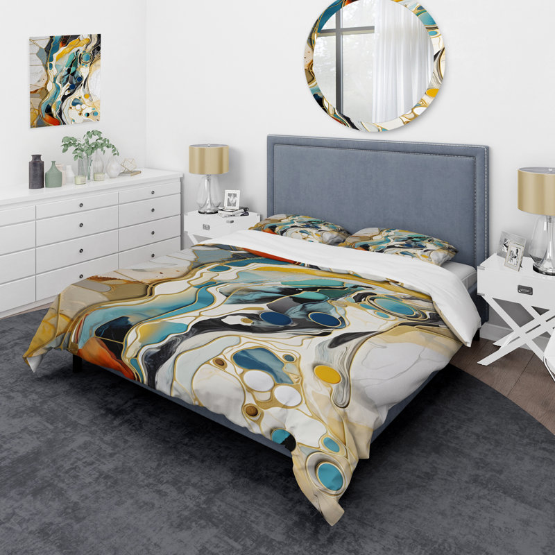 Ensemble de housse de couette bleu et jaune à encre liquide Harmony III Abstraction