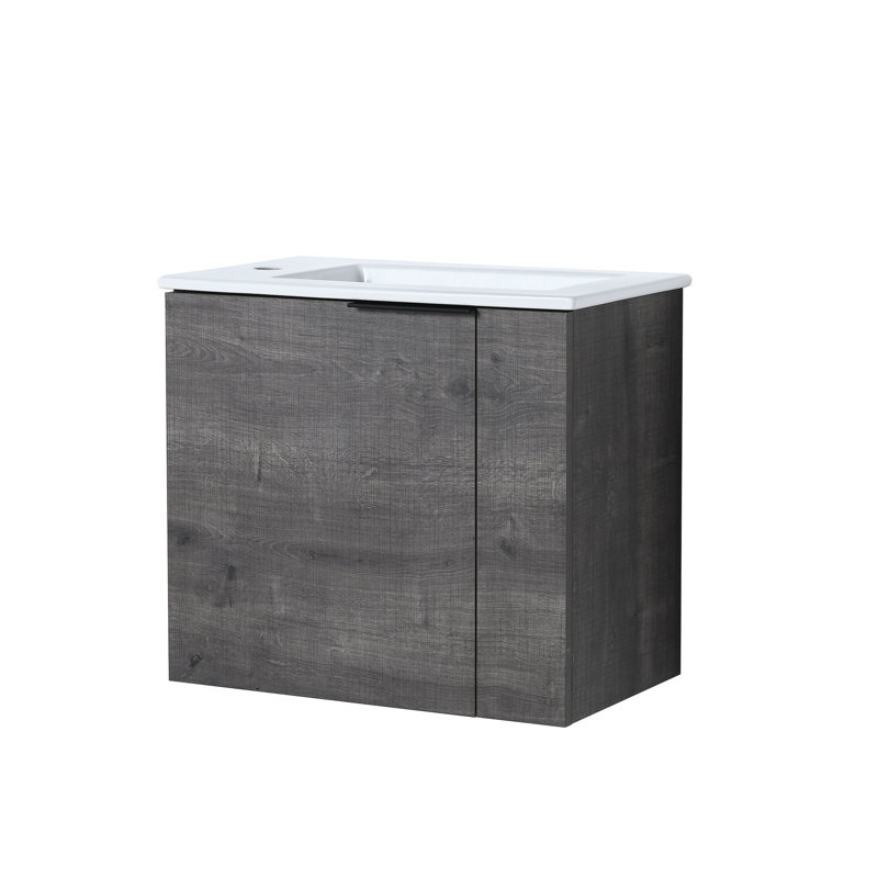 Meuble-lavabo mural, lavabo 22 po, fermeture en douceur, petite porte à carreaux en chêne gris, poignée noir mat, couleur