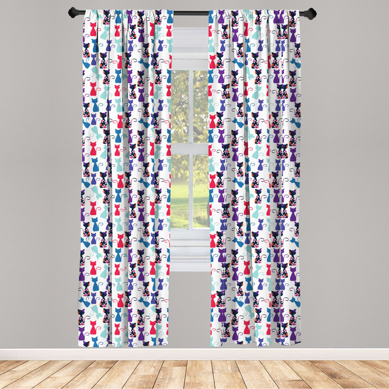 Multicolor Cat Print 63" Polyester Rod Pocket Curtain Panels