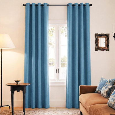 Blue Full Blackout Thermal Curtains 84 Inches Long for Living Room, 52" W Grommet Insulated Flax Textured Full Light Blocking Window Draperies for Bedroom, 2 Panels Set
