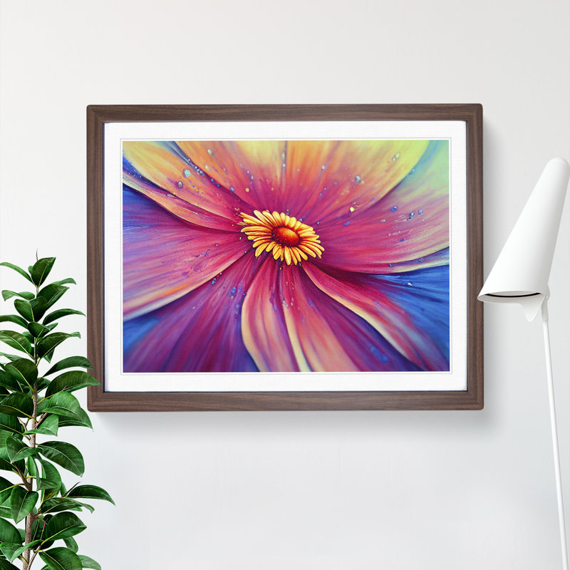 Dripping Daisy Flower Abstract 1 Piece Single Picture Frame Painting, 46cm H x 64cm W x 2cm D, Walnut
