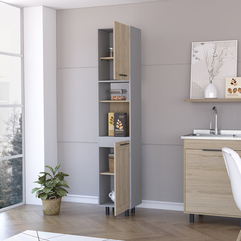 Devoux 2-Door 2-Shelf Kitchen Pantry Light Pine and Gray