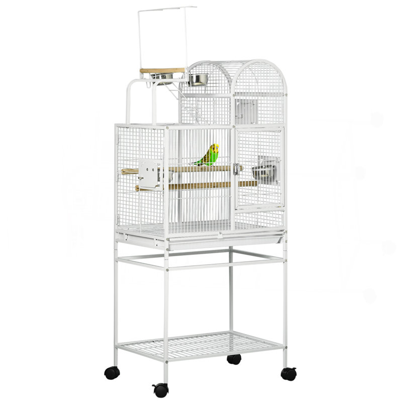 Cage à perroquet de 55 po avec crochets pour jouets, perchoir supérieur, plateau, gobelets, support roulant, cage à oiseaux pour perruches, perruches, inséparables