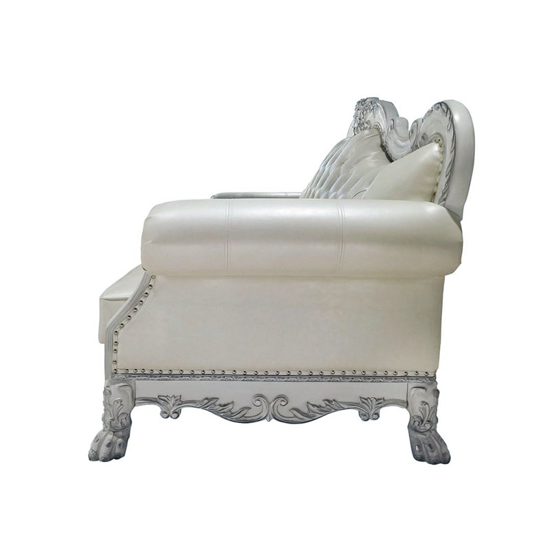 Faux Leather And Wood Sofa With Tufted Backrest In Bone White
