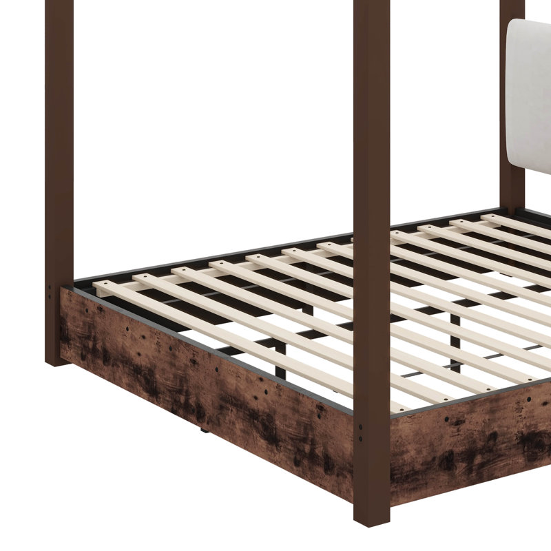 Lit plateforme avec auvent, tête de lit rembourrée et structure en métal, Queen, Brown