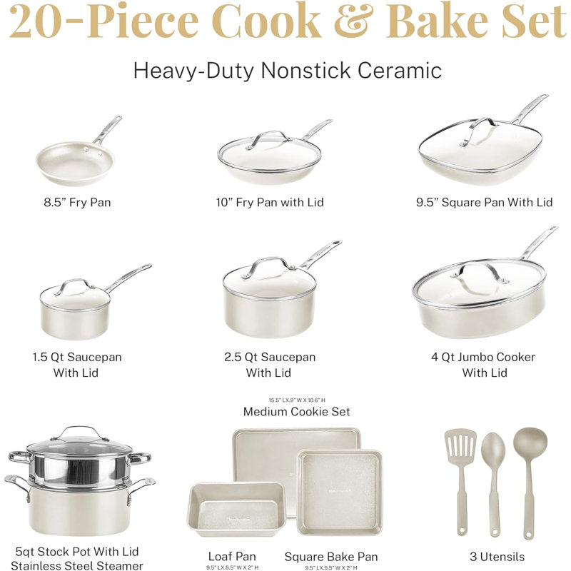 Cream 20-Piece Nonstick Stainless Steel Cookware Set with Lids