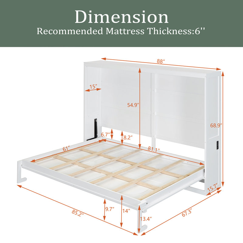Queen Size Murphy Bed Wall Bed, White, Queen