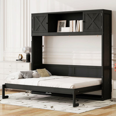 Grand lit escamotable avec armoires de rangement, noir