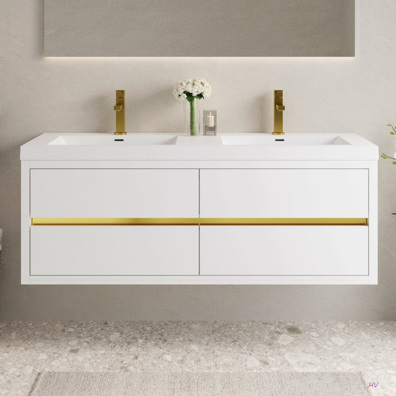 Meuble-lavabo mural 60 po avec lavabo, armoire de rangement flottante avec comptoir en résine de pierre et tiroirs à fermeture en douceur 60 po