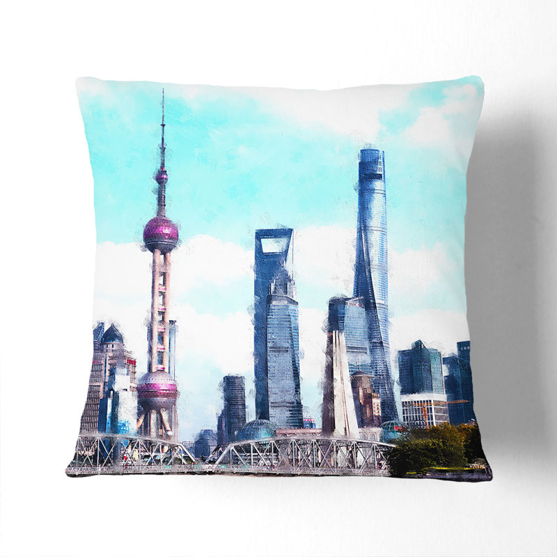 Shanghai Skyline Reflection Cushion with Filling, 55cm H x 55cm W x 20cm D