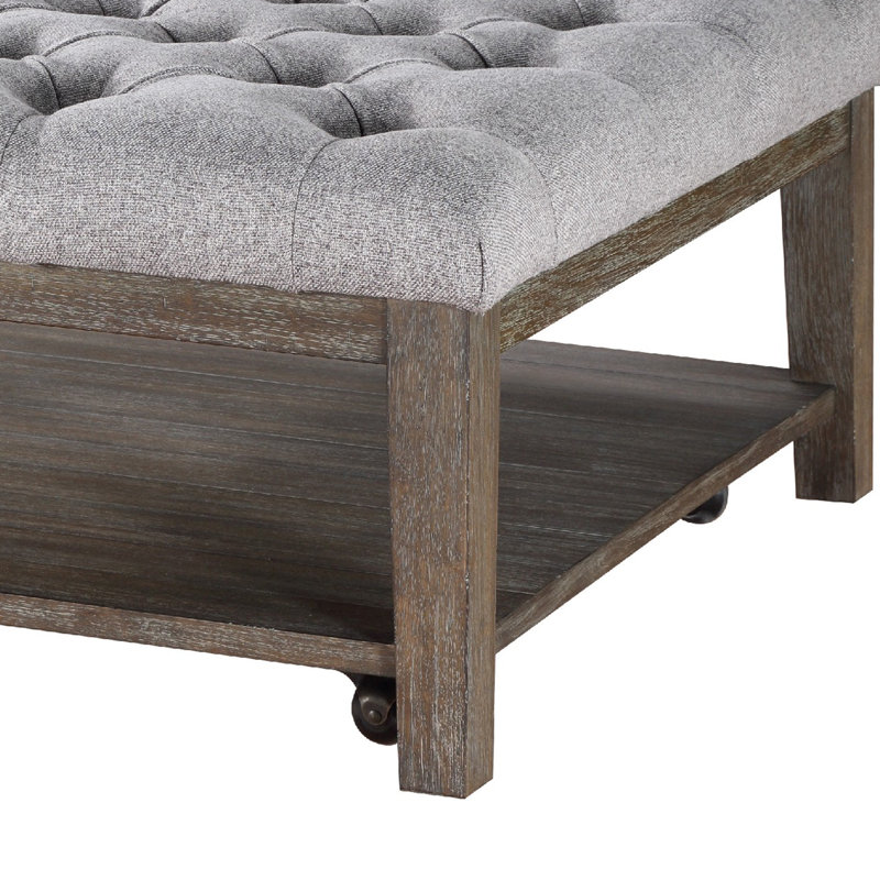 Table basse avec repose-pieds Bori, capitonnage à boutons gris 39 po, bois brun