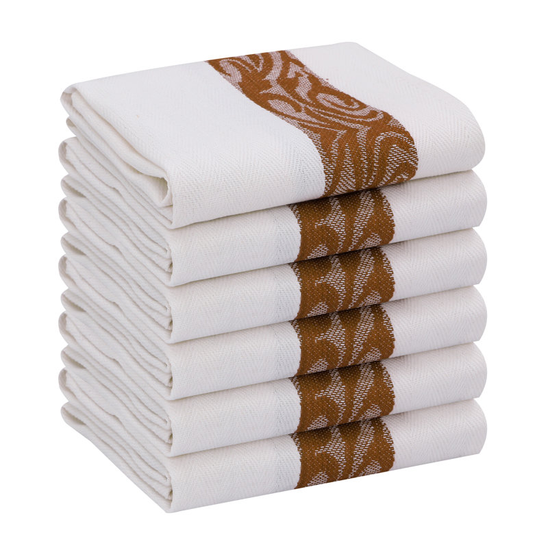 Set of 12 White and Brown Cotton Terry Kitchen Towels
