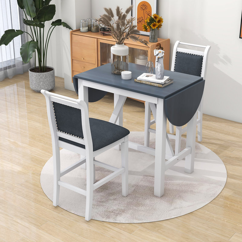 Llayton 3-Piece Counter Height Dining Set, Wood Table with 2 Upholstered Chairs, White/Gray
