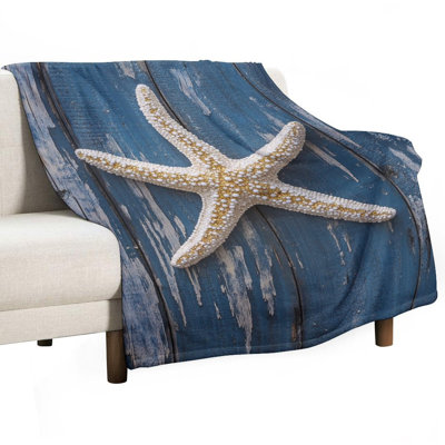 Goldpearl Starfish on Blue Wood Planks Luxury Flannel Throw Blanket, Soft Warm Fuzzy Blanket for Living Room Sofa Bed Home Decor