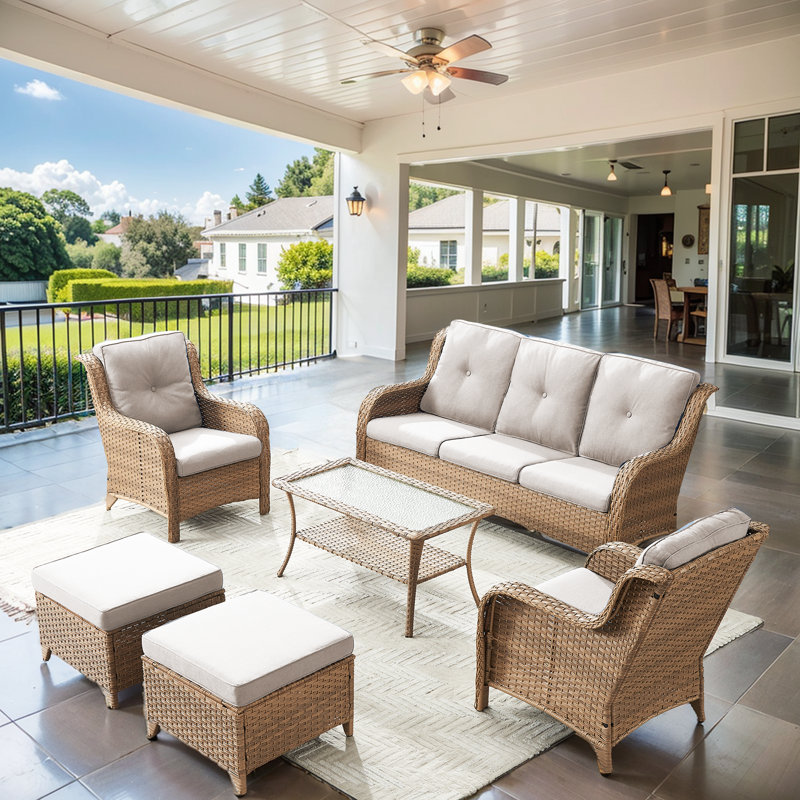 Carolina 6-Piece Wicker Outdoor Patio Furniture Set With Sofa And Coffee Table, Beige