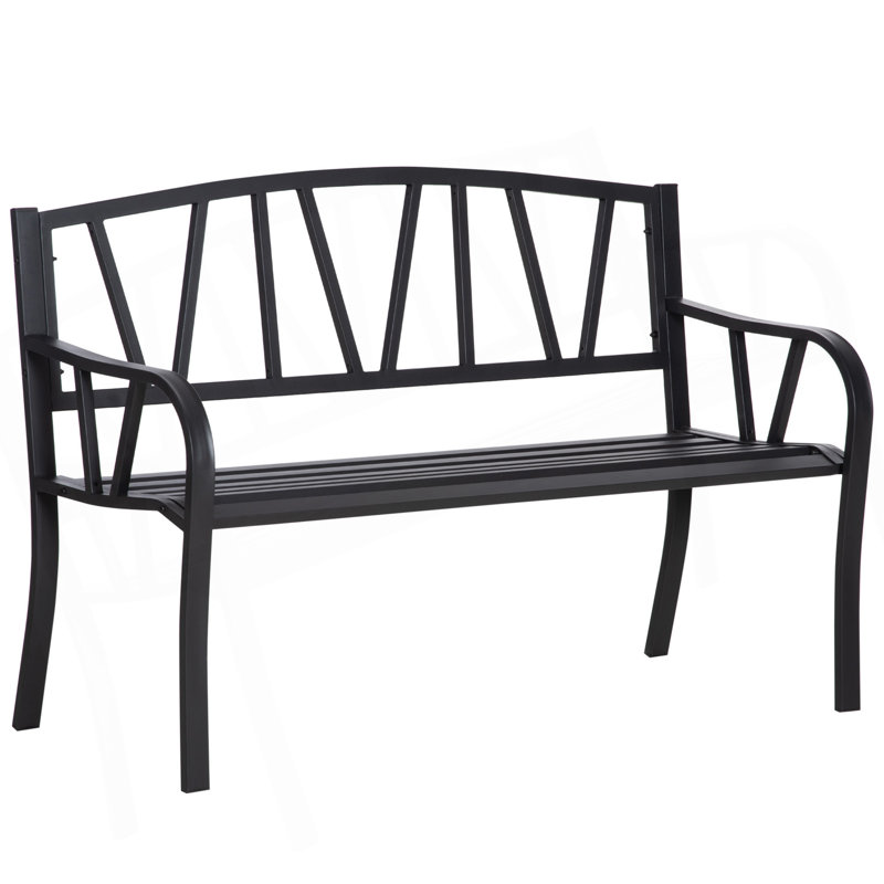 Outsunny 50" Metal Garden Bench, Black Outdoor Bench for 2 People, Park-Style Patio Seating, Decor with Smooth Armrests, Slatted Seat and Backrest, Black