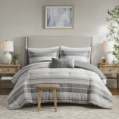Rhodes 100% Cotton Blend Striped 4-Piece Full/Queen Comforter Set with Throw Pillow