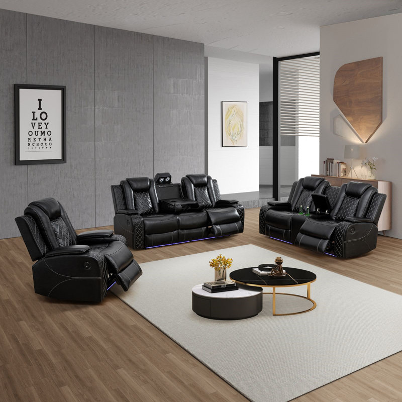 Deluxe 3-Piece Leather Reclining Living Room Set With Console, Wireless Charging, USB Ports & LED Lights, Black