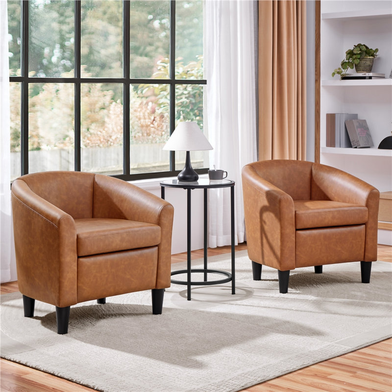 Fauteuil tonneau en similicuir, fauteuil club moderne, Brun