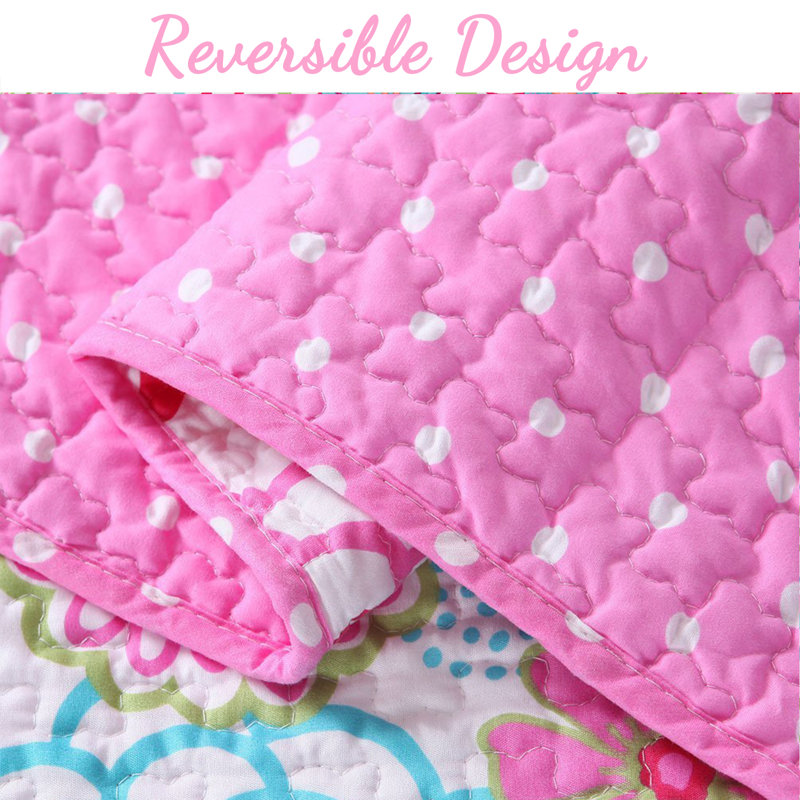  Pink/Turquoise/White Reversible Microfiber Modern & Contemporary Quilt Set, Twin Quilt + 1 Sham