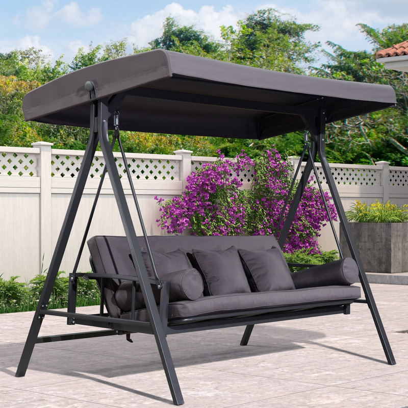Mirga 3-seat Large Porch Swing Stand with Adjustable Backrest and Cushion and Pillows Included, Gray