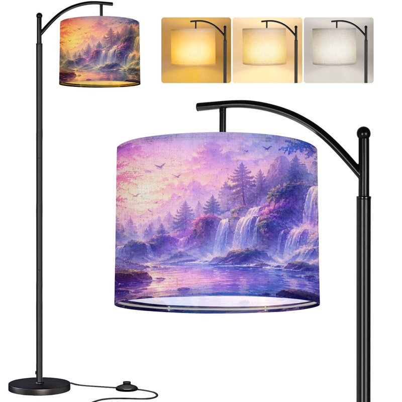  Lampe sur pied arc mauve cascade paysage forêt brumeuse crépuscule haut moderne lampe sur pied à DEL réglable en lin 3 températures de couleur